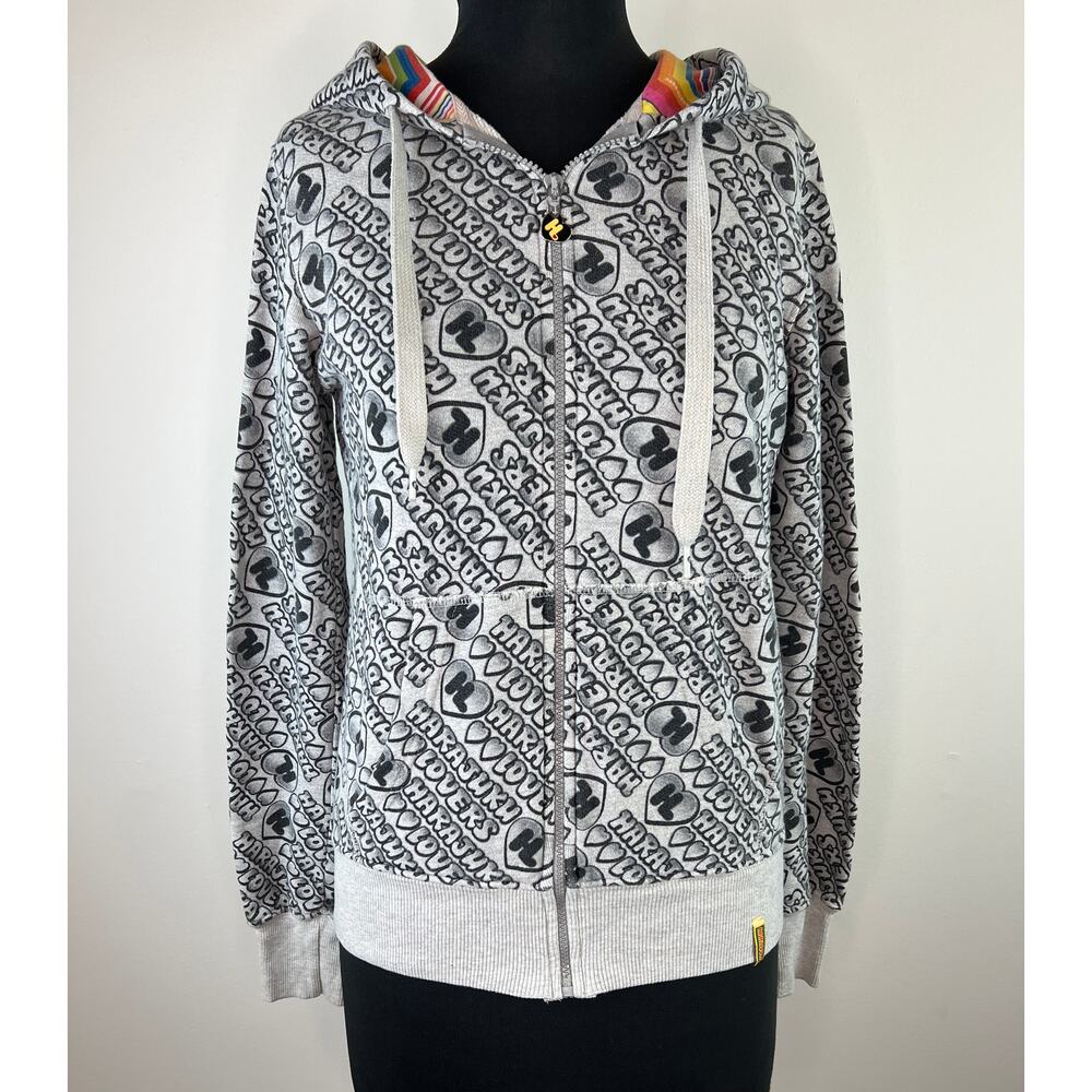 Harajuku Lovers Gray Spellout Graphic Zip Loose Hoodie Sweater S Small USA GENZ - Picture 2 of 10